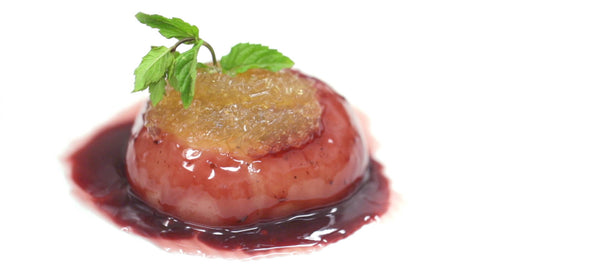 sweet dish recipe with poached saturn peach and moroccan mint tea gelee