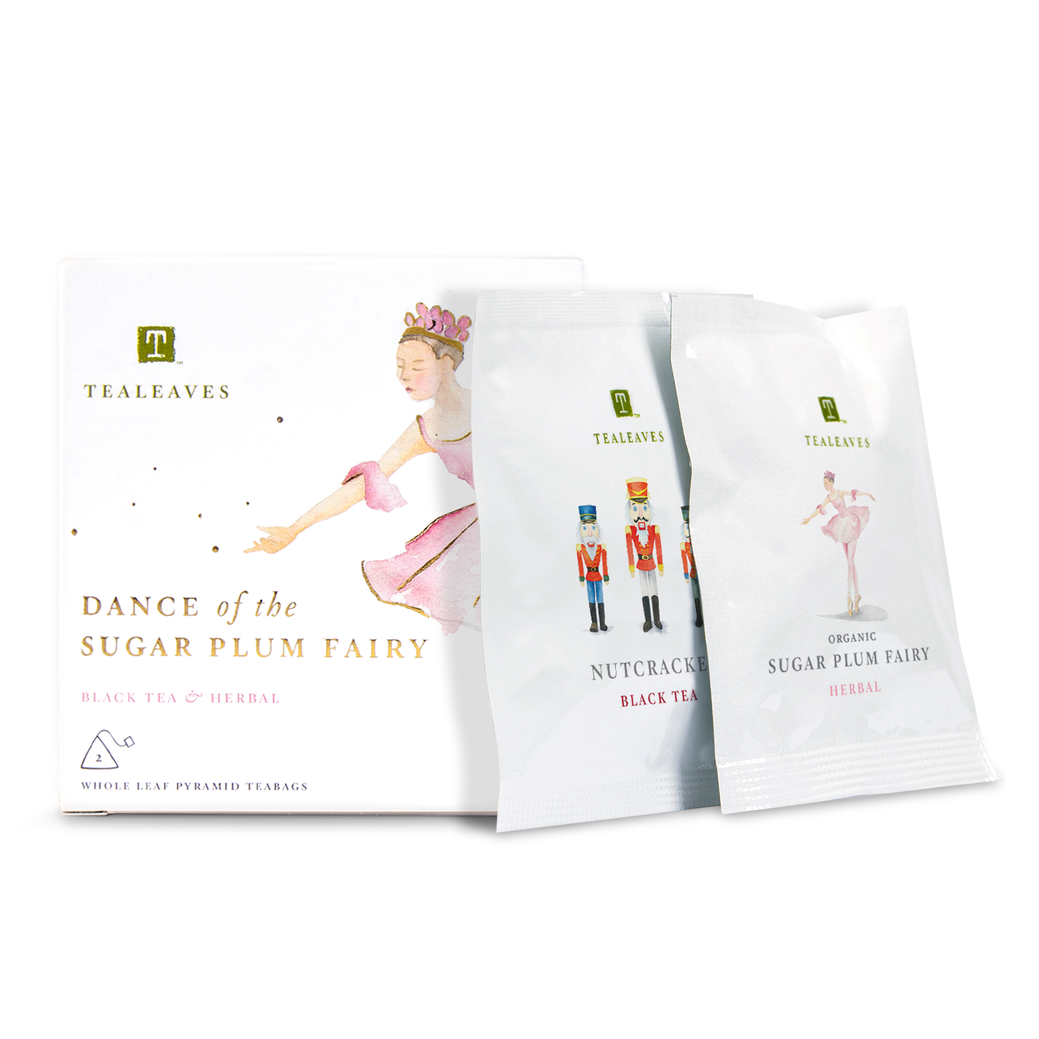 Dance of the Sugar Plum Fairy Gift Assorted Tea Kit. TEALEAVES Dance of the Sugar Plum Fairy Holiday Tea Bags Gift Set. Luxury black tea. Wellness herbal tea. Premium tea bags. Compostable tea bags.
