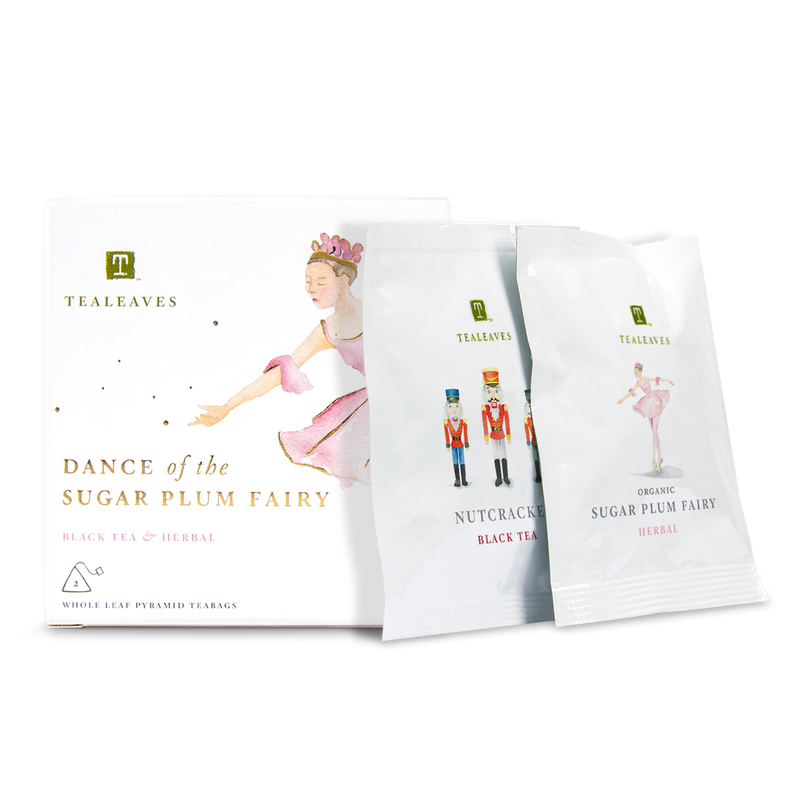 Dance of the Sugar Plum Fairy Gift Assorted Tea Kit. TEALEAVES Dance of the Sugar Plum Fairy Holiday Tea Bags Gift Set. Luxury black tea. Wellness herbal tea. Premium tea bags. Compostable tea bags.
